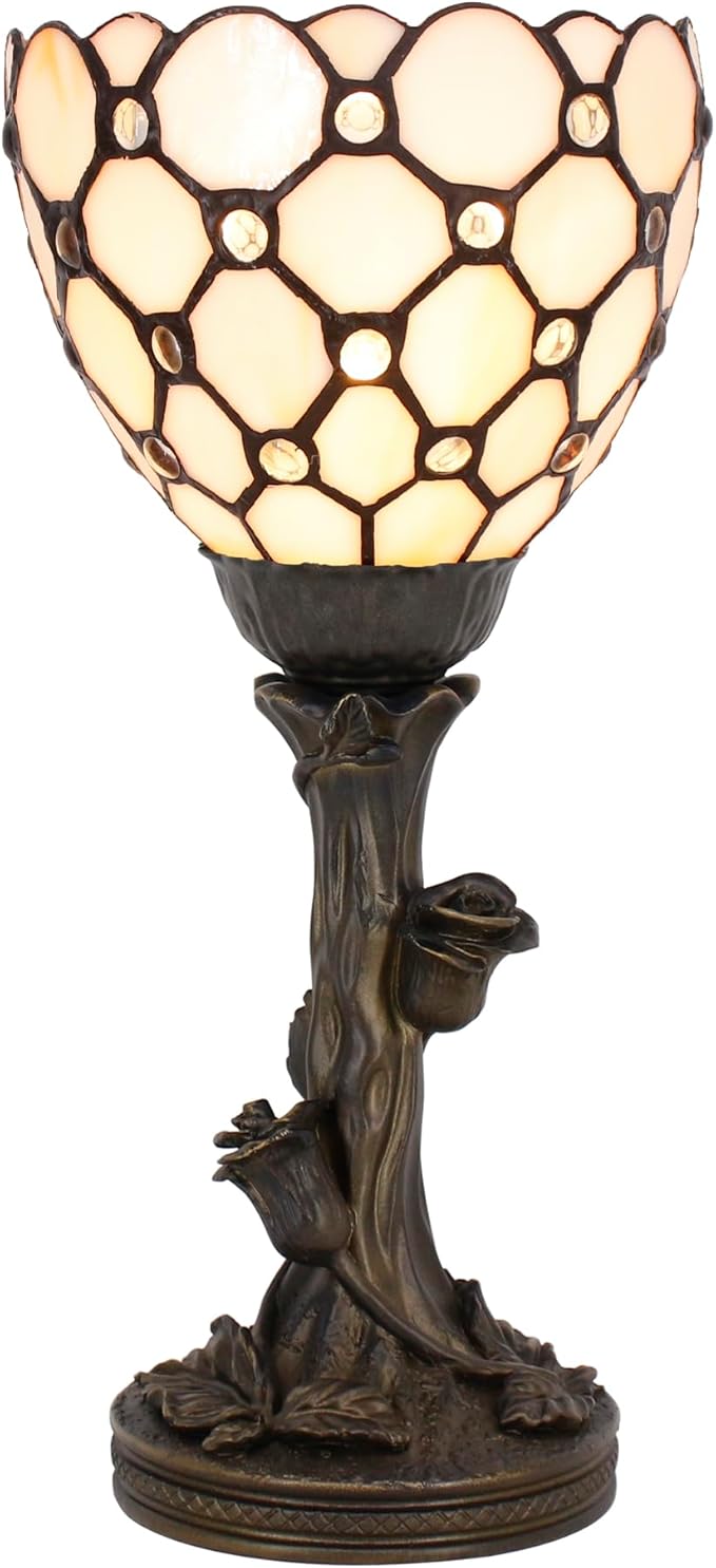 Small Tiffany Lamp Mini Stained Glass Table Lamp Cream Bead Accent Desk Uplight W6 H13.5 Inch Bronze Resin Base