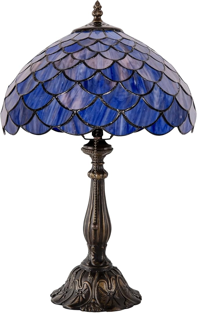 Tiffany Style Table Lamp Vintage Stained Glass Desk Lamp Deep Blue Purple Fish Scales Bedside Reading Light Decor Bedroom Living Room Home Office D12 xH18