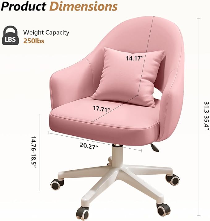Home Office Chair Velvet Vanity Chairs Cute Makeup Desk Chair with Wheels Mid Back Computer Chairs Height Adjustable Small Swivel Rolling Task Chair