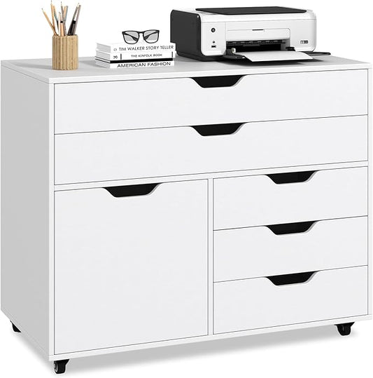 LOKO 5-Drawer File Cabinet, Mobile Chest of Drawers with Side Cabinet, Door Cabinet with 5 Casters, Rolling Lateral Filing Cabinet, Storage Cabinet Unit for Living Room, Study, Home Office
