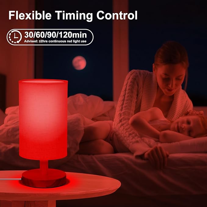 Red Light Lamp for Bedroom, Nightstand Lamp with 670nm Red & 3 White Light Modes, Remote Control, Timer, Night Light, Dimmable LED Bedside Table Lamp with Memory Function, Wood Base & Fabric Shade
