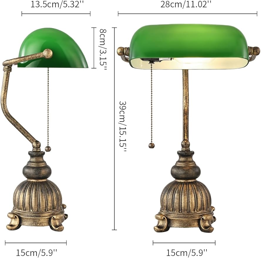 Newrays Retro Green Glass Bankers Desk Lamp for Home Office,Library with Pull Chain Switch Plug in Fixture, LED Bulb Included