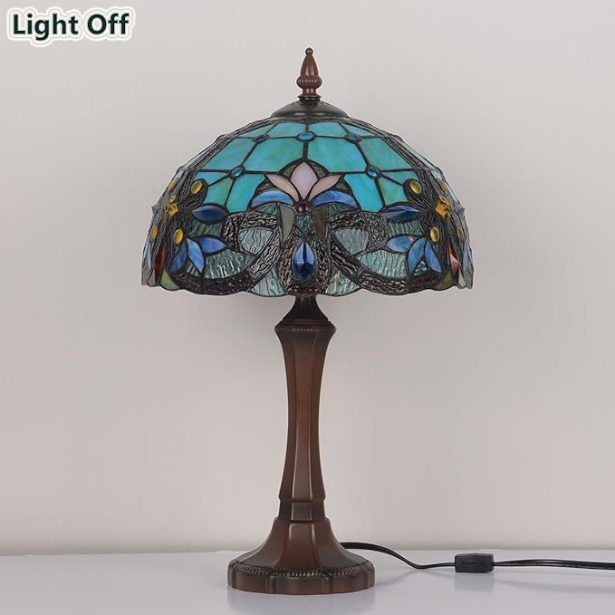 Tiffany Table Lamp,Green Stained Glass Table Light,Antique Style Medium Size Desk Lamp Vintage Bedside Reading Lamp for Living Room Bedroom Office