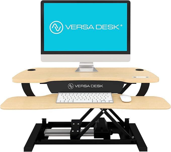 VERSADESK® PowerPro™ Elite 36” x 24" – App Controlled Electric Standing Desk Converter w/USB Charging Port. Raises up to 20”. Fully Assembled – Includes LED Lights. Supports 80 lbs. – Maple