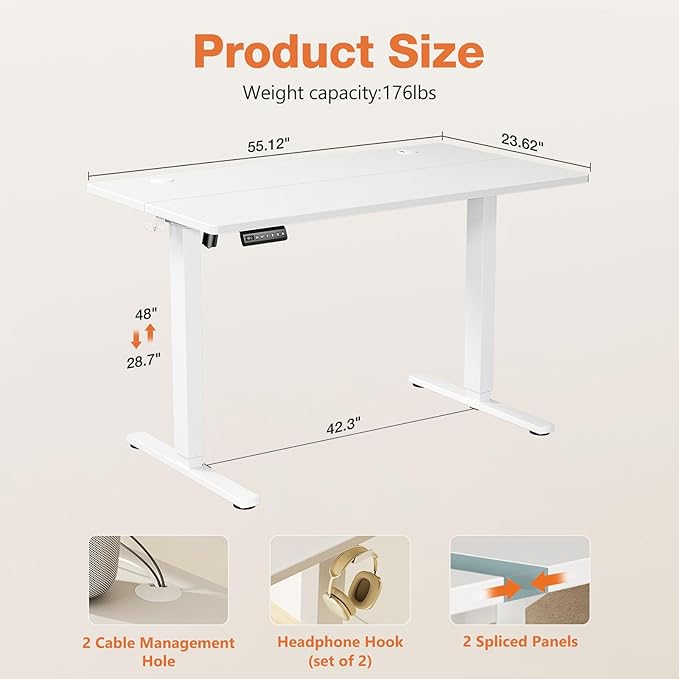 Sweetcrispy Electric Standing Desk Adjustable Height, 55x24 Inch Sit Stand Up Home Office Desks Computer Workstation PC Work Table with 3 Memory Preset Splice Wood Board Metal Frame, White