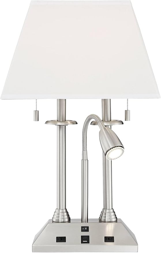 Possini Euro Design Dexter Modern Table Lamp 26" High with USB and AC Power Outlet in Base Brushed Nickel LED Reading Light White Linen Shade for Bedroom Living Room House Desk Bedside Nightstand