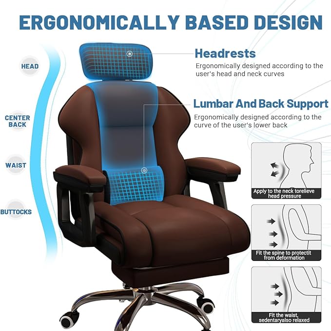 Executive Computer Chair Home Office Desk Chair,Adjustable Angle, Ergonomic Adjustable Height PU Leather Chairs with Cushions Armrest for Long Time Seating-High Office Chair with Footrest