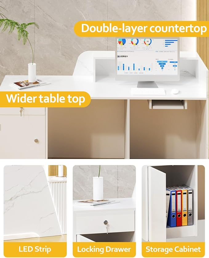 White Reception Desk, Solid Wood Reception Desk with Counter, Check Out Stand with Lockable Drawer & Cabinet, Retail Checkout Counter for Office, Store, Beauty Salon (White Grille-L, 63in)