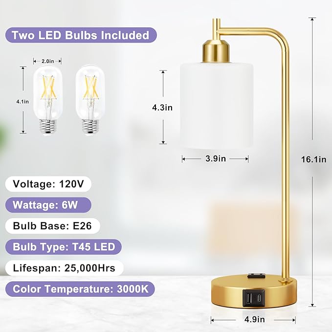 Innqoo Industrial Gold Table Lamps for Bedrooms Set of 2-3-Way Dimmable Desk Lamp with USB C+A Ports and Outlet, Gold Lamps with Opal Glass Shade for Living Room, Desk Lamps for Home Office