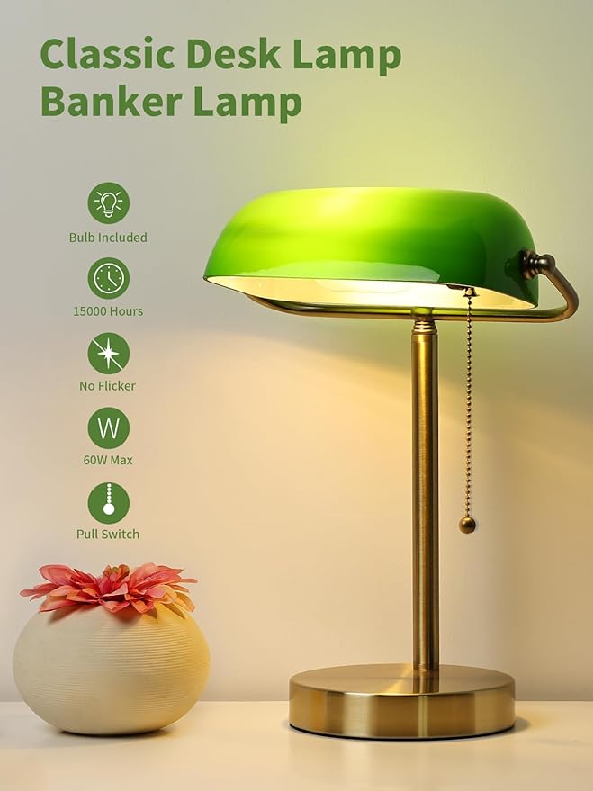 Newrays Traditional Green Glass Bankers Desk Lamp with Pull Chain Switch Plug in Fixture,LED Bulb Included