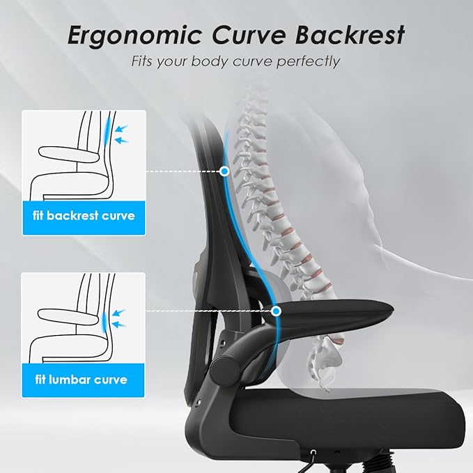Soohow Office Chair, Mesh Ergonomic Office Chair with Lumbar Support, Comfy Computer Desk Chair with Flip Armrest Rolling Wheels for Home Study Room Office, Black & Black