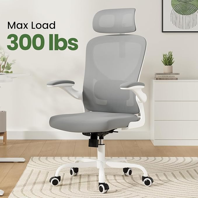 Soohow Ergonomic Office Chair, Office Mesh Desk Chair with Adjustable Lumbar Support Armrests, Comfy Computer Desk Chair with Headrest, for Home and Office, White & Grey