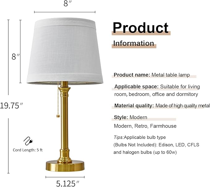 Oneach 19.5” Gold Table Lamps Set of 2, Pull Chain Switch Bedside Table Lamps, Modern Nightstand Lamp with White Linen Shade, Small Brass Lamp for Living Room, Bedroom, Home Office, Nursery
