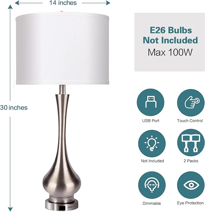 Touch Lamp for Bedroom, Nightstand Lamp with USB Port & White Shade, Tall 30" Beside Lamps with Metal Base Design, 3 Way Dimmable Touch Control Table Lamps for Living Room, Bedroom, Office