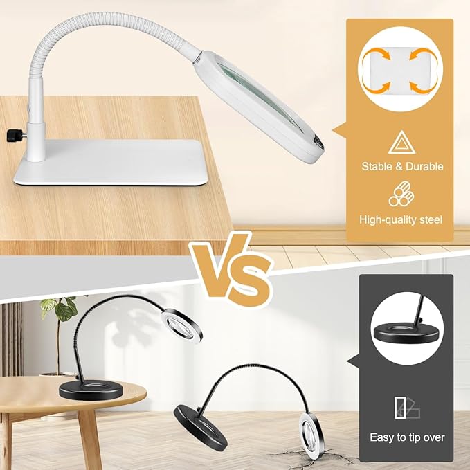 Veemagni 10X Rectangle Magnifying Glass with Light and Stand, Flexible Gooseneck LED Lighted Desk Lamp, 5 Color Modes Stepless Dimmable, Hands Free Magnifier for Reading Painting Close Work - White