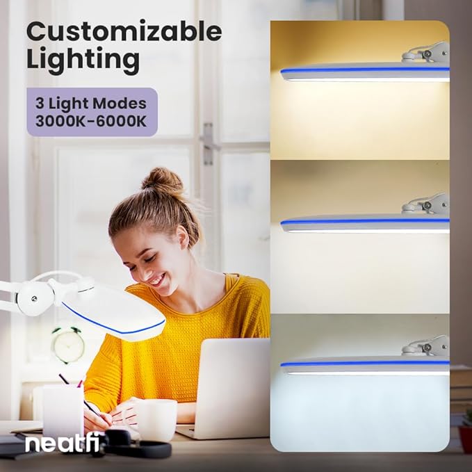 Neatfi XL 2,200 Lumens LED Task Lamp, 24W, 117 SMD LEDs, 23-Inch Ultra-Wide, 4 Brightness Levels, 3 Light Modes, Dimmable, Eye-Caring, Glare-Free (CCT with Clamp, White)