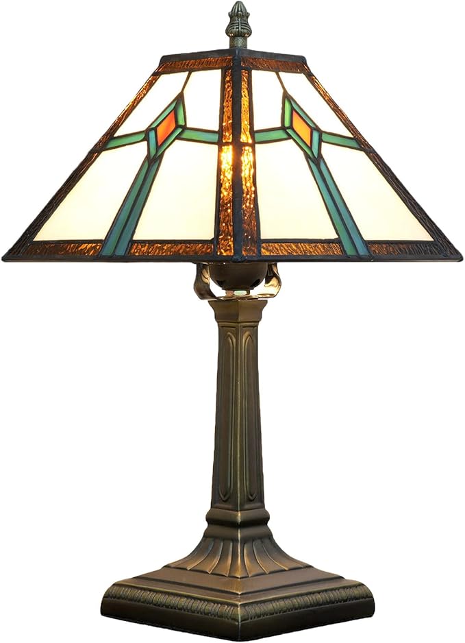 Tiffany Style Table Lamp Mission Design Stained Glass Lamp Vintage Handmade Nightstand Lamp with LED Bulbs Included for Home Living Room Bedroom Office