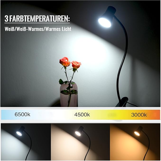 Clip Desk Lamp, USB Reading Light, Flexible Neck Led Clamp Light with 3 Color Temperature Options, 10 Dimmable Brightness Levels for Working, Studying (8W)