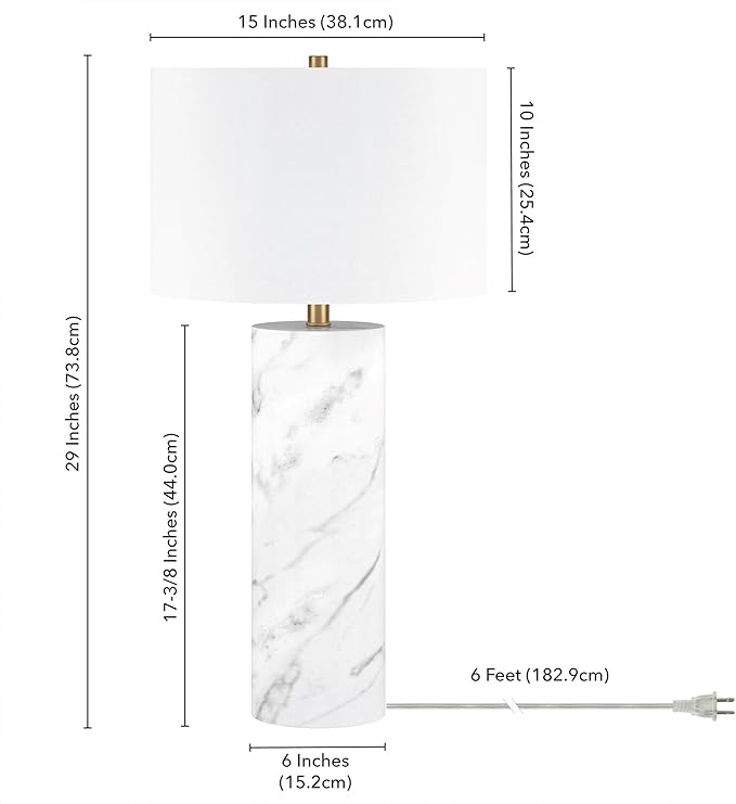 Henn&Hart 29.5'' Glam 1-Light Table Lamp with White Fabric Drum Shade for Living Room, Bedroom, or Office, Marble/Brass