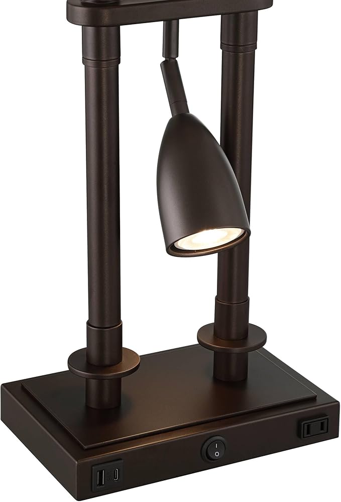 Possini Euro Design Bishop 26 1/2" Tall Modern Desk Lamp with USB Charging Port A+C and AC Power Outlet Brown Bronze Finish Metal Base White Shade Home Office Living Room Bedroom Bedside Nightstand