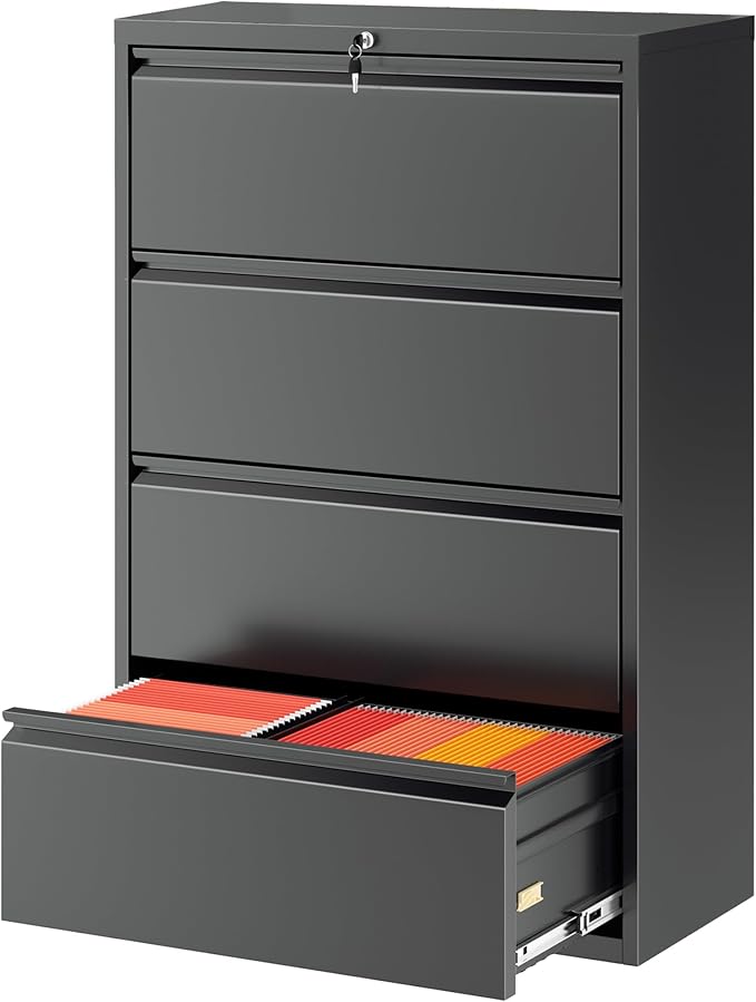 Greenvelly Lateral File Cabinet 4 Drawer, Lockable Metal Filing Cabinet for Home Office, Black Metal File Cabinet with Lock for Legal/Letter/A4/F4 Size with Hanging Bars&Key