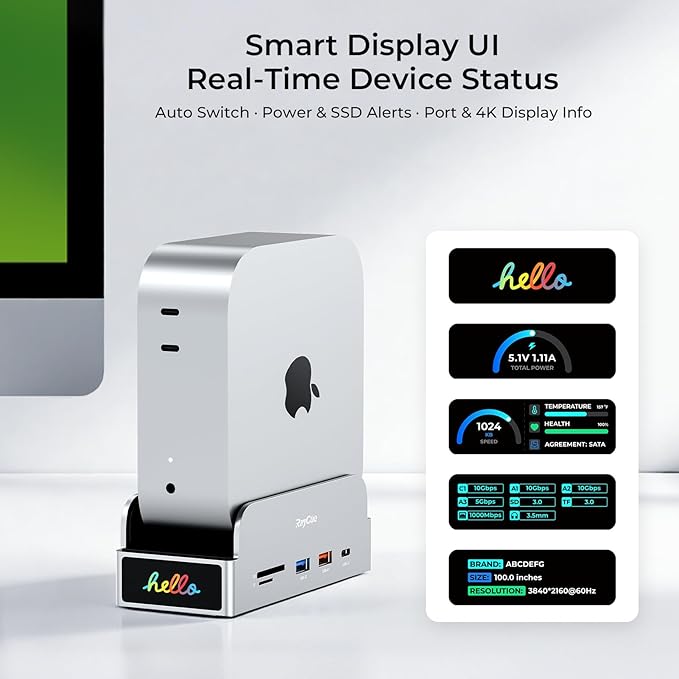 RayCue SmartDock Pro for Mac mini M4 Dock Stand with M.2 NVMe SSD Enclosure, 4K 60Hz HDMI, 10Gbps USB-C/A, Gigabit Ethernet, SD/TF Card Readers – Space-Saving Vertical Hub Compatible with Mac mini