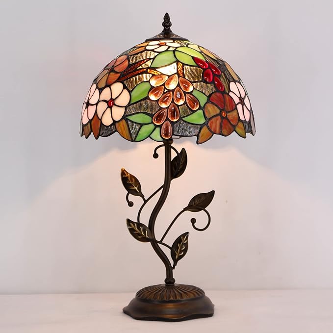 Tiffany Lamp Purple Grape Style Stained Glass Table Lamp Desk Bedside Reading Light 12X12X19 Inches with Metal Leaf Base Decor Bedroom Living Room