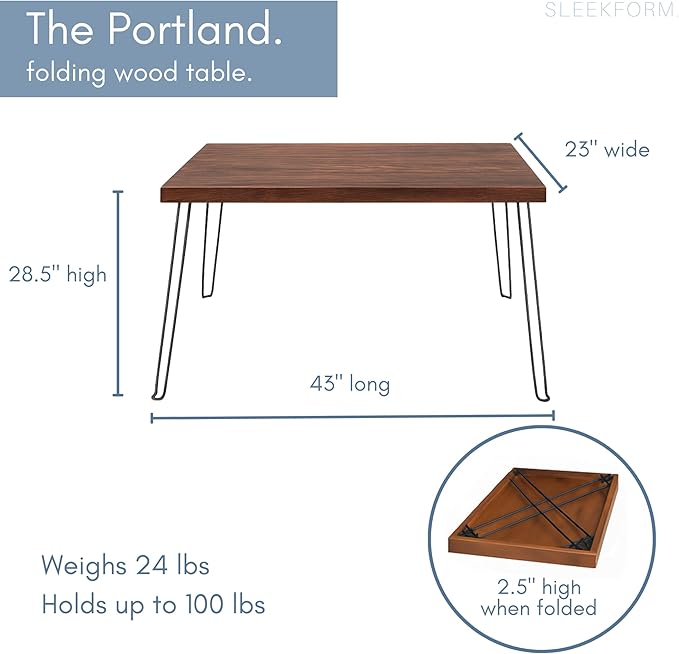 Sleekform Wooden Folding Desk - Lightweight Small Portable Writing Table, Foldable Table, Desk for Small Bedroom Spaces and Home Office - No Assembly Required