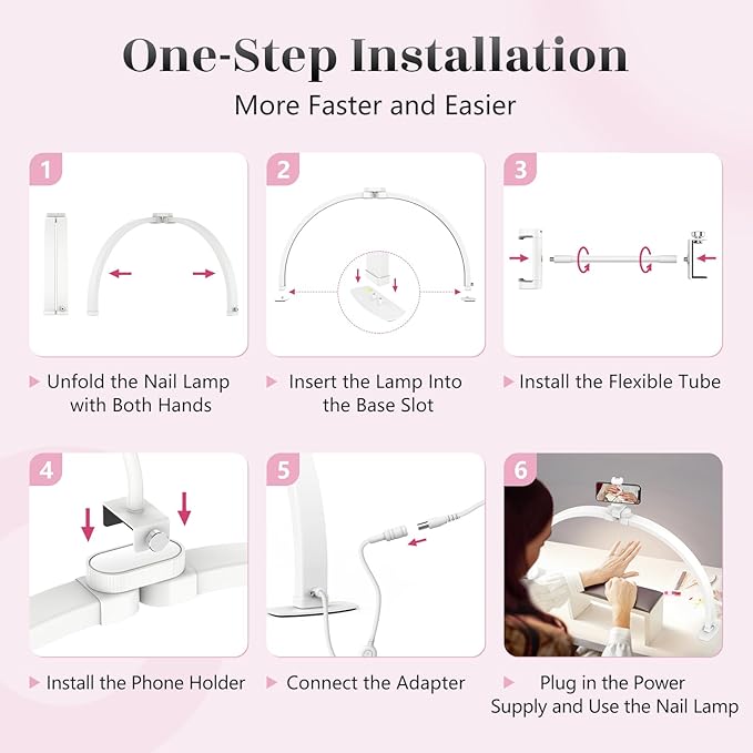 Yokilly Half Moon Light for Nail Desk: 29" Foldable Half Moon Desk Lamp with Phone Holder for Beginner - Arch Nail Tech Light with 3 Color Modes & 10 Brightness for Manicure Salon (White, Large)