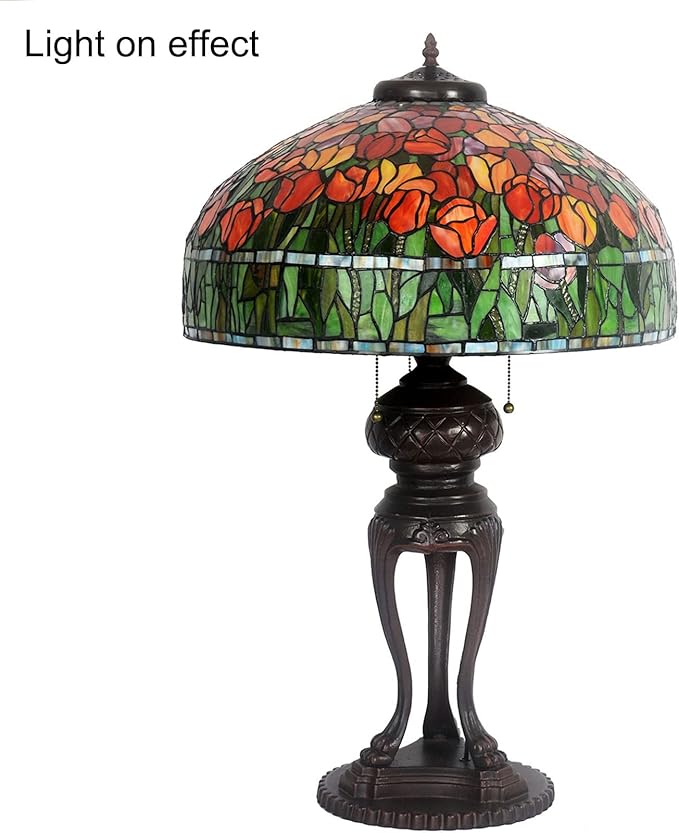 Tiffany Lamp Table Lamp Rose Dragonfly Tulip Wisteria Grape Peach Kapok Peony Apple Flower Design Stained Glass Lampshade Desk Lamp for Girl Living Room Iron Base W20 XH32,Tulip