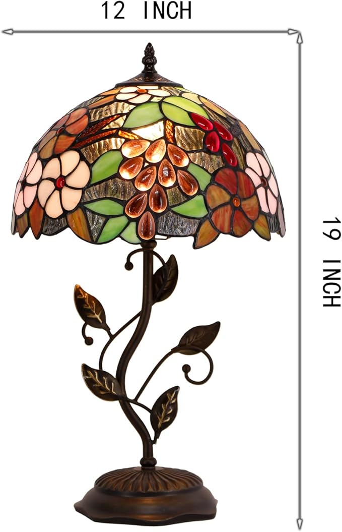 Tiffany Lamp Purple Grape Style Stained Glass Table Lamp Desk Bedside Reading Light 12X12X19 Inches with Metal Leaf Base Decor Bedroom Living Room
