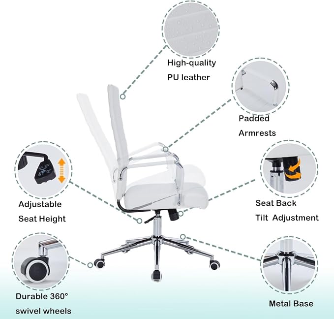 Modern High Back Office Desk Chair, PU Leather Ribbed Ergonomic Executive Conference Chair, Adjustable Swivel Task Chair with Arms, White