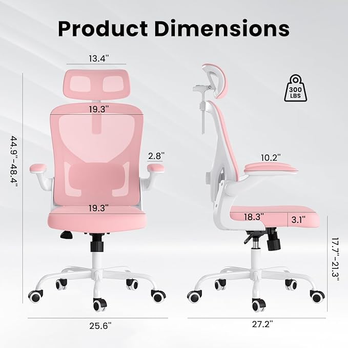 Soohow Ergonomic Office Chair, Office Mesh Desk Chair with Adjustable Lumbar Support Armrests, Comfy Computer Desk Chair with Headrest, for Home and Office, White & Pink