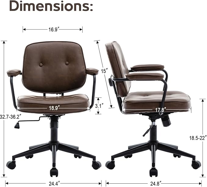 LukeAlon Adjustable Pu Leather Home Office Chair, Comfy 360° Swivel Task Chair with Armrest Modern Thickened Seat Desk Chair Tiltable Computer Chair with Buttons & Wheels, Brown