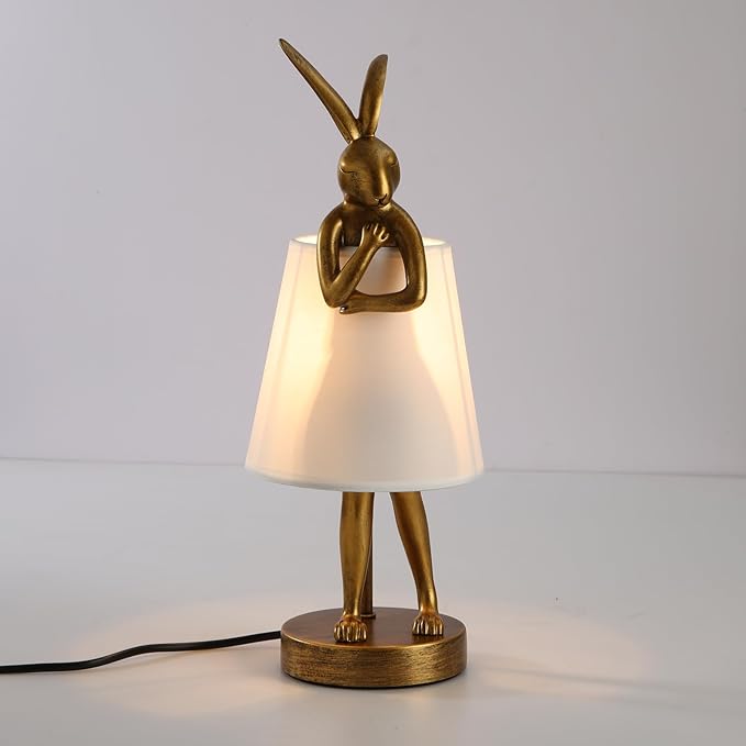 LED Bunny Table Lamp, Resin Animal Rabbit Desk Light with Linen Shade, 15.7 Inch Decorative Lamp for Bedroom, Office & Kids Room (15.7" White Shade)