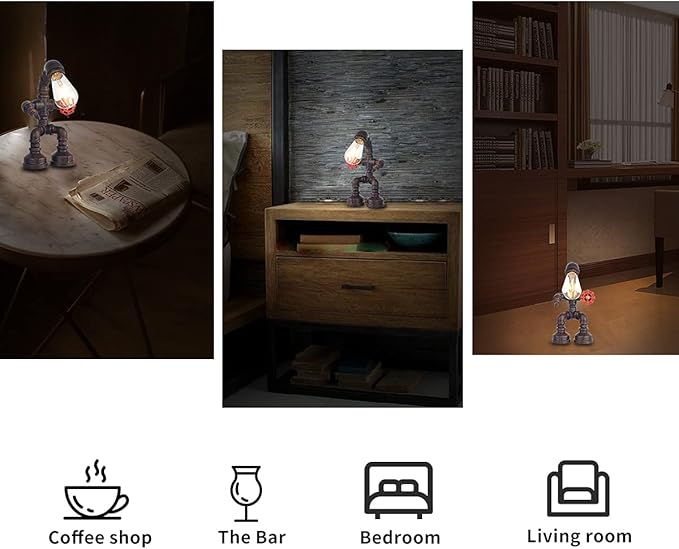 Water Pipe Table Lamp Robot Style- Retro Industrial Table Light- Antique Steampunk Metal Desk Lamp Bedside Lighting Fixture for Office, Reading Kids Room, Cafe Bar (Rust-Style A)
