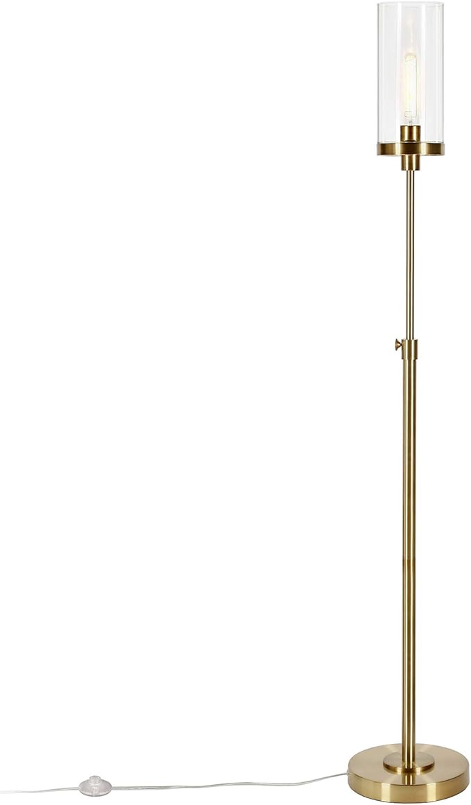 Henn&Hart 66'' Industrial 1-Light Floor Lamp with Clear Glass Cylinder Shade for Living Room, Bedroom, or Office, Brass