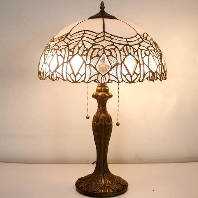 WERFACTORY Tiffany Style Table Lamp White Stained Glass Crystal Bedside Lamp 16X16X24 Inch Desk Reading Light Metal Base Decor Bedroom Living Room Home Office S508W Series
