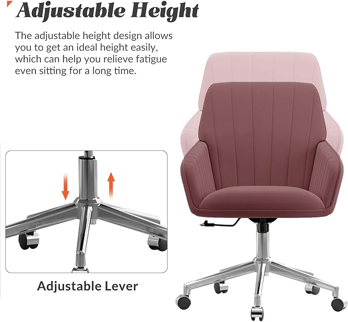 YISHENG Velvet Office Desk Chair with Silver Base, with Wheels,Modern Height Adjustable 360 Degree Swivel Upholstered Vanity Chairs with Arms for Living Room Bedroom,Rose