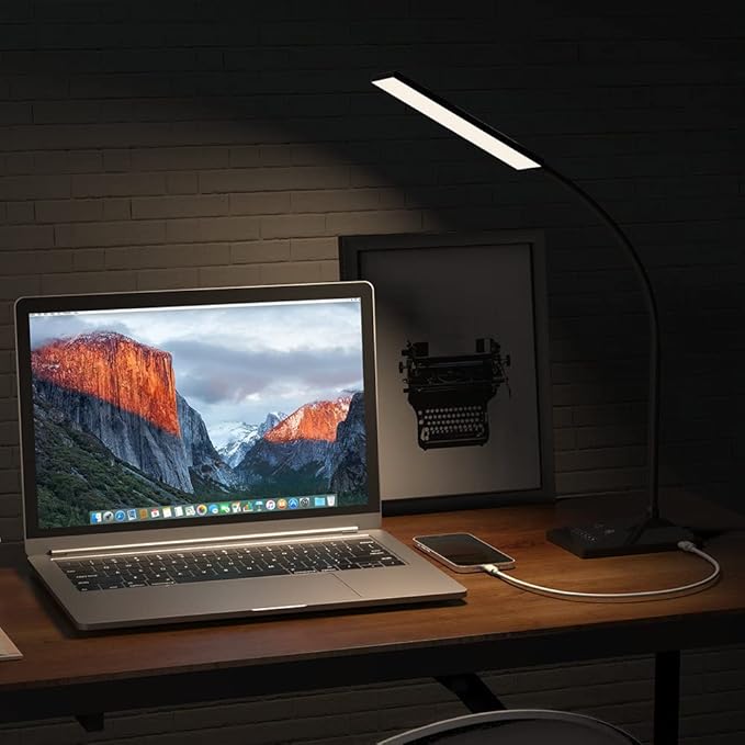 Vansuny LED Desk Lamp with USB Charging Port, Eye-Caring, 5 Color Modes,6 Brightness Levels, Touch Control, Flexible Gooseneck, Memory Function for Dorm Office Work Bedroom (12W,Black)