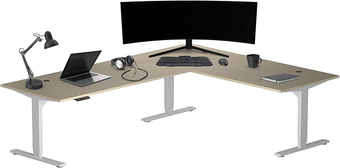 Progressive Desk Stand Up Height Adjustable Standing Desk - L Shaped 85" x 72" Corner Computer Rising Workstation Electric Table - Gray Frame, Bright Beech Top