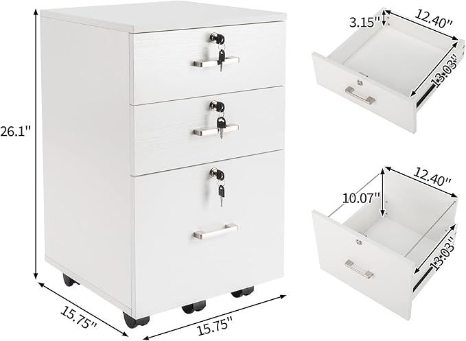 Karl home Wooden File Cabinet, 3 Drawer Vertical File Cabinets with 3 Lock,Printer Stand Mobile Storage Cabinet,Filing Storage Drawer for Home,Office,White(15.75" L x 15.75" W x 26.1" H)