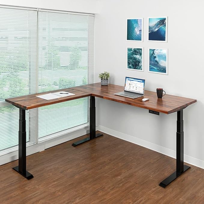 S STAND UP DESK STORE Triple Motor Electric L-Shaped Corner Standing Desk with EZ Assemble Frame (Black Frame/Solid Walnut Top, 71 inch W x 71 inch D)