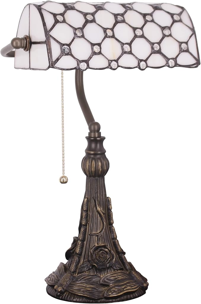 Tiffany Banker Lamp Small Stained Glass Table Lamp Tiffany Style Piano Light White Crystal Pearl Bead Style Desk Lamp Angle Adjustable 10.6X15.7 Inch for Home Office Living Room Bedroom