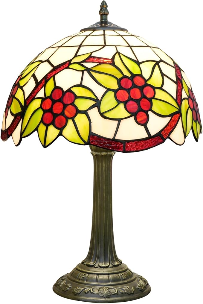 Tiffany Lamp Stained Glass Table Lamp 12 Inch Green Leaves Red Grapes Retro Art Nouveau Bedside Lamp for Living Room Bedroom Study Office Coffee Shop Cafe Home Decor Vintage Tiffany Style Lamp Gift