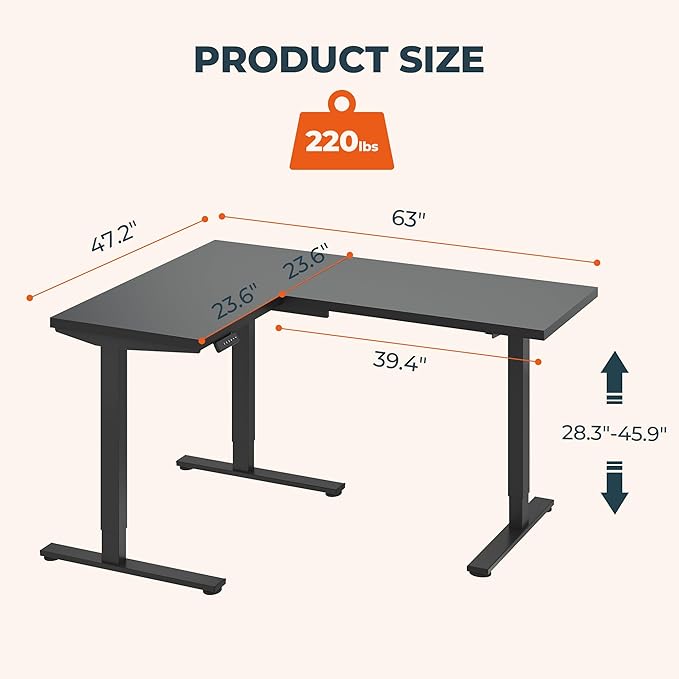 L-Shaped Standing Desk, 63 x 47 Inches Height Adjustable Desk with Storage, Sit and Stand up for Work Office Home, Ergonomic Rising Computer Table for Home Office with Splice Board, Black