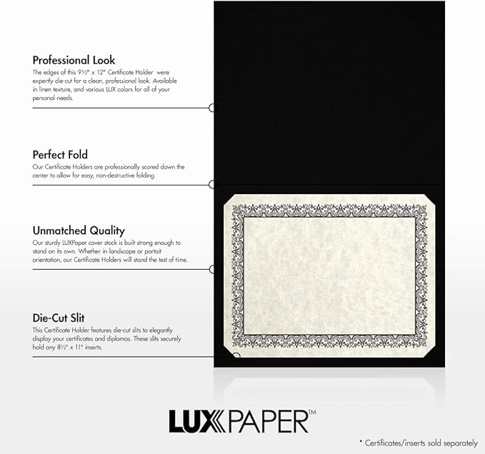 LUXPaper 9.5" x 12" Certificate Holders | Black Linen | Embossed Gold Foil Floral Border | 100lb. Cover | 50 Qty