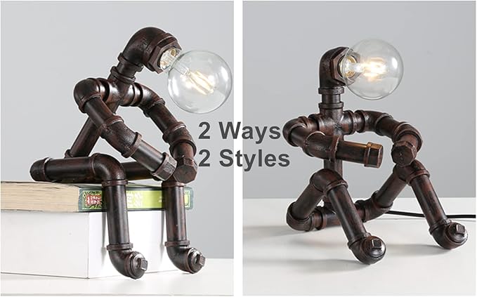 Water Pipe Table Lamp Robot Style- Retro Industrial Table Light- Antique Steampunk Metal Desk Lamp Bedside Lighting Fixture for Office, Reading Kids Room, Cafe Bar (Rust-Style C)