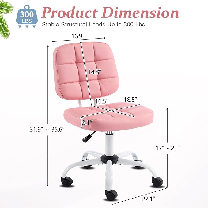 VINGLI Compact Small Desk Chair, Cute Armless Chair with Wheels, Vanity Chair with Low Back, Height Adjustable Task Chair for Small Spaces, Office, Bedroom, Make Up Room, PU Leather, Pink