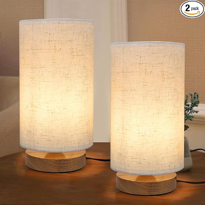 Table Lamps for Bedrooms Set of 2, Minimalist Bedside Lamps Set with Round Fabric Linen Shade,Reading Small Desk Lamp Set of 2 for Kids Room, Night Nightstand Lamp Set for Living Room, Office